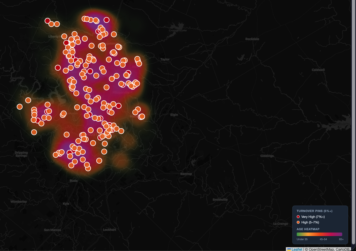 Overlay showing the age heatmap as the base layer with 5%+ turnover pins on top